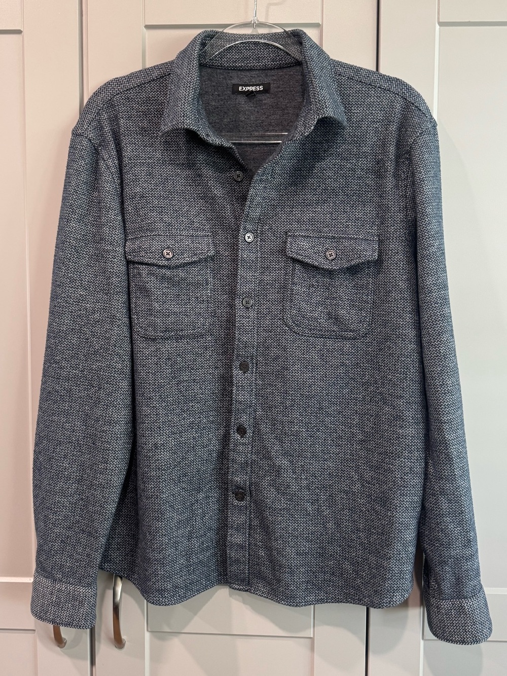 Express Men's Blue and Gray Textured Button-Up Overshirt